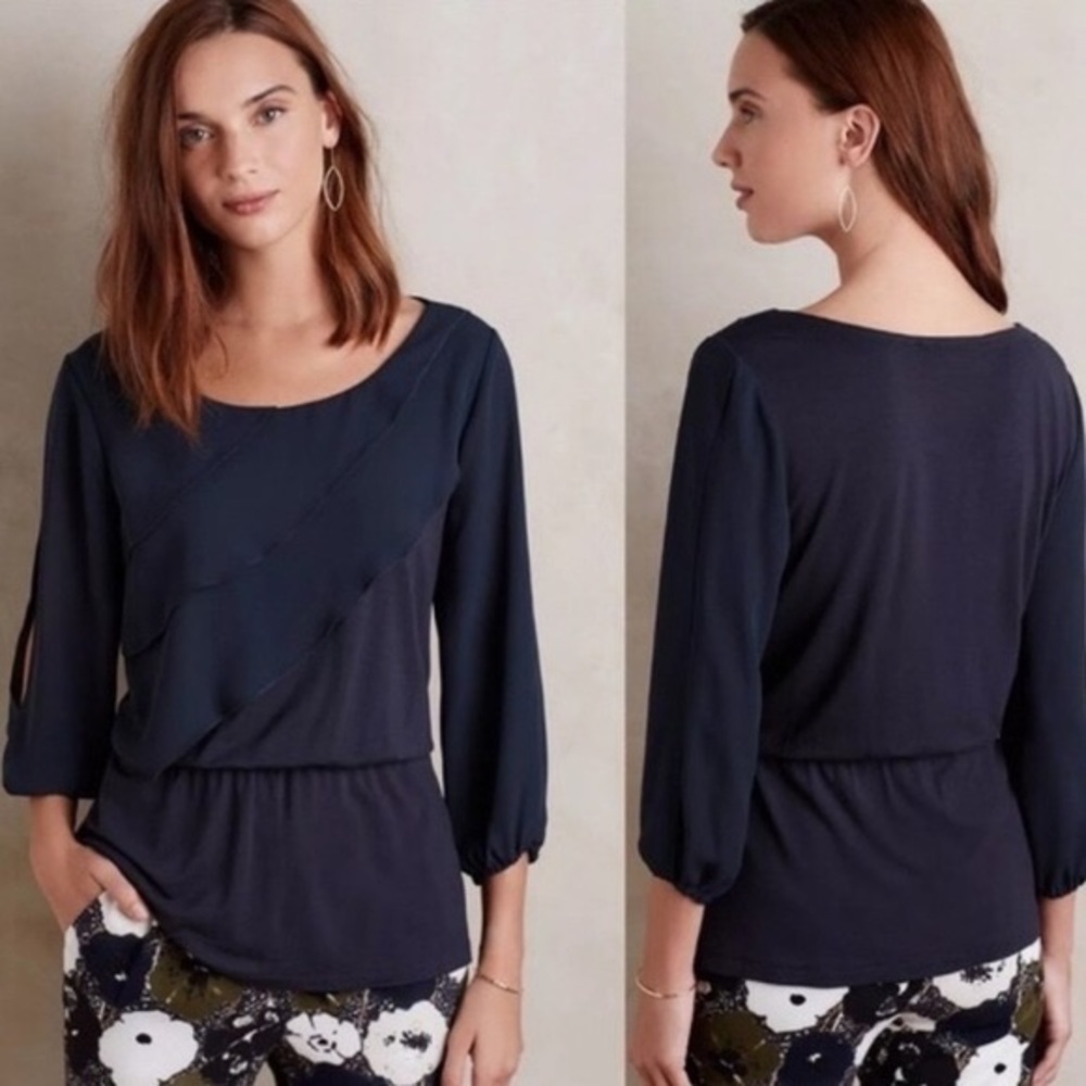 Anthropologie Deletta Alee Ruffle Blouse Navy Medium